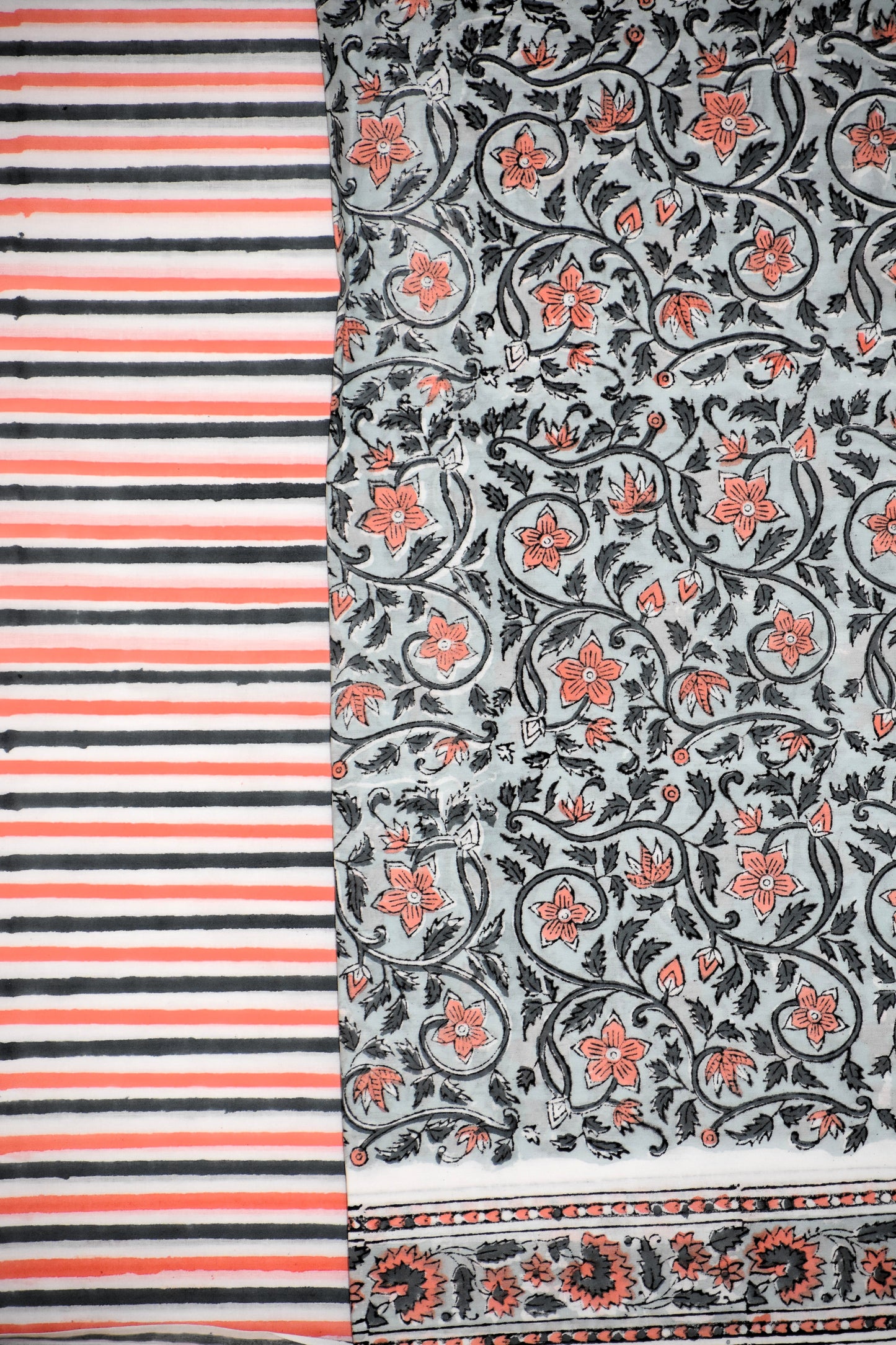 Blue-grey Floral Hand Block All-over Printed Cotton Suit with Bandej Malmal Dupatta