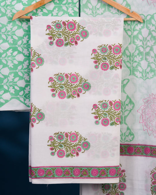Hand Block Printed Cotton Suit with Mint Green Big Buti and Malmal Dupatta