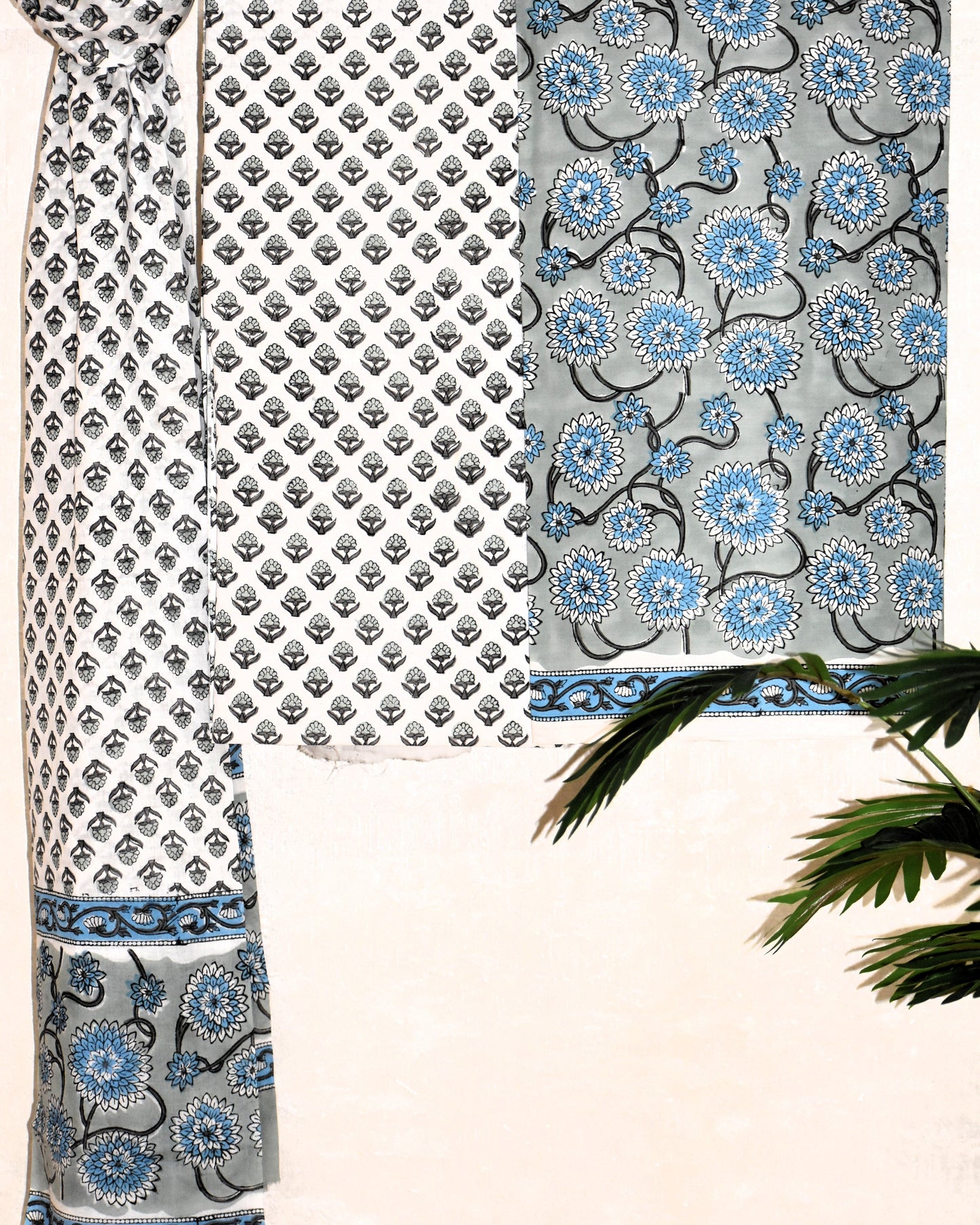Hand Block Printed Cotton Suit with All-over Jaal Design and Malmal Dupatta