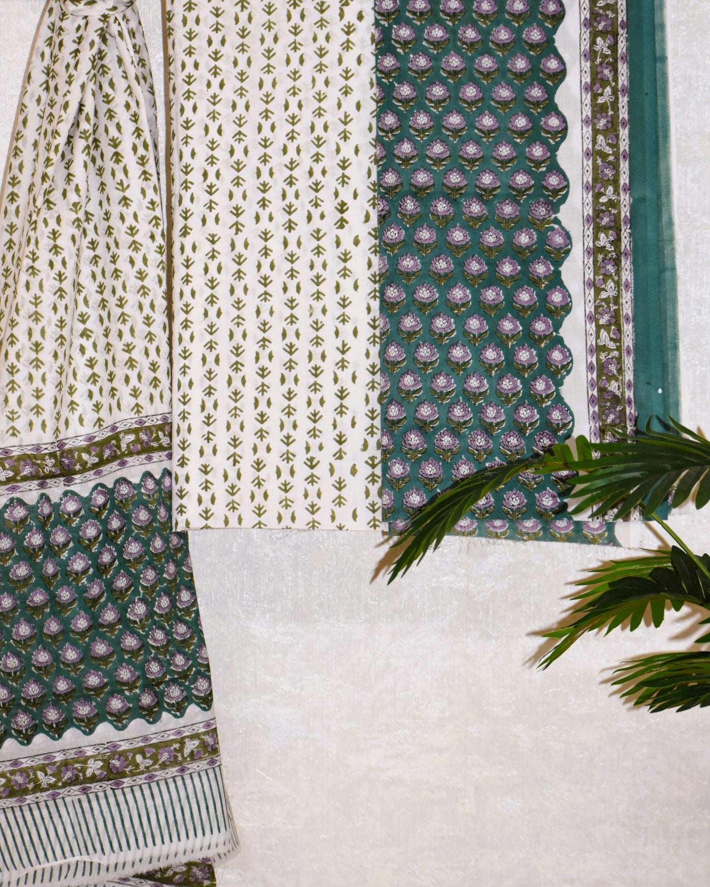 Hand Block Printed Cotton Suit with All-over Floral Buti and Malmal Dupatta