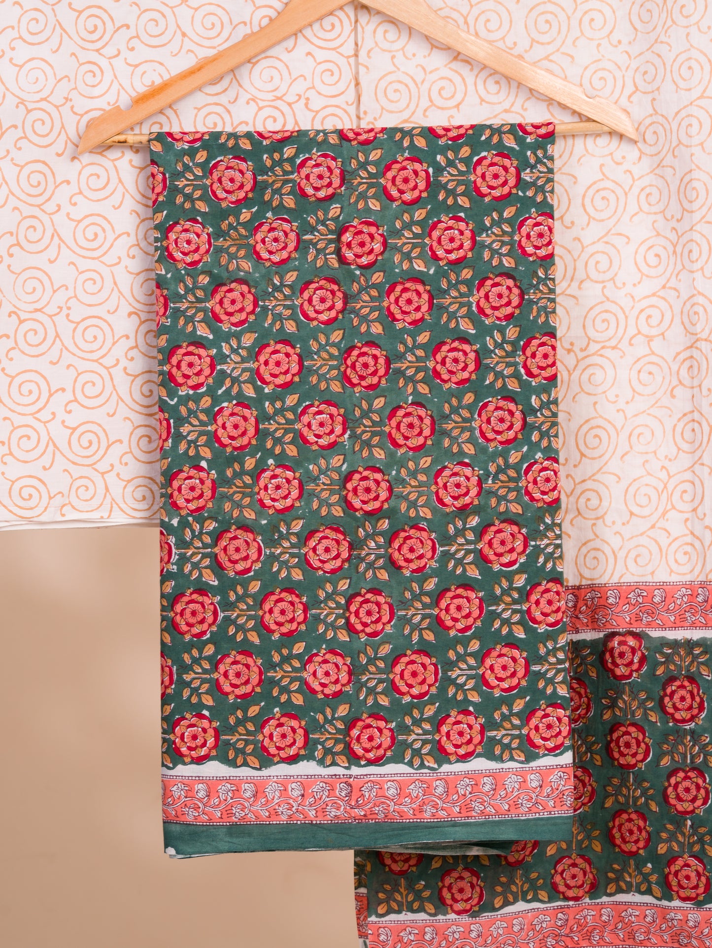 Hand Block Printed Cotton Suit with Green All-over Floral Buti and Malmal Dupatta