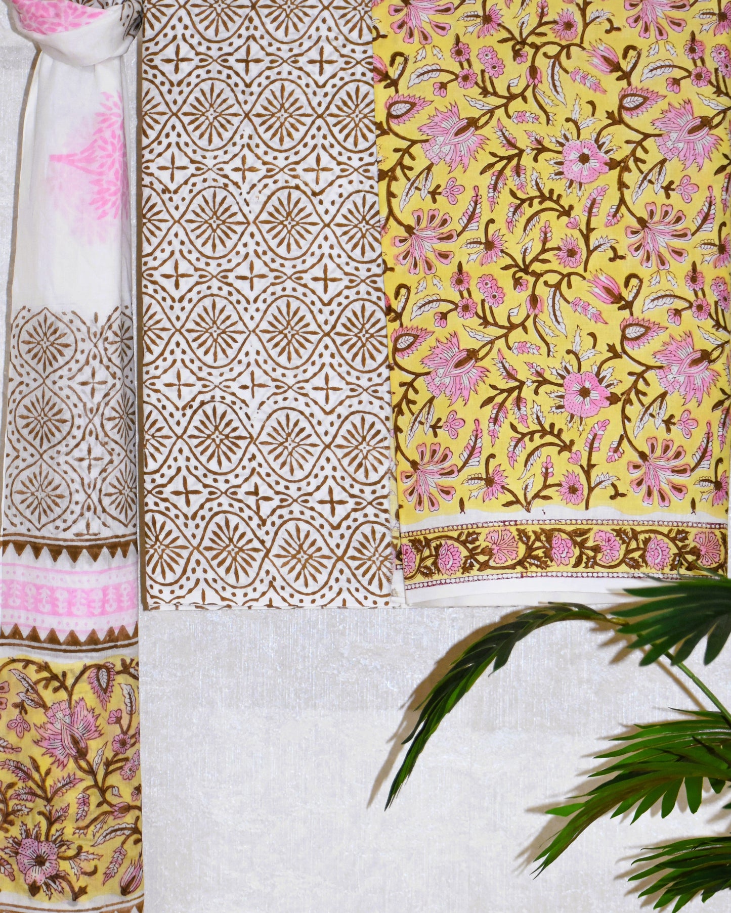 Hand Block Printed Cotton Suit with Sunlight yellow Floral Jaal and Malmal Dupatta
