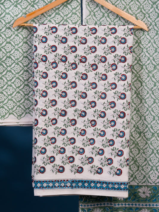 Hand Block Printed Cotton Suit with All-over Floral Buti and Malmal Dupatta