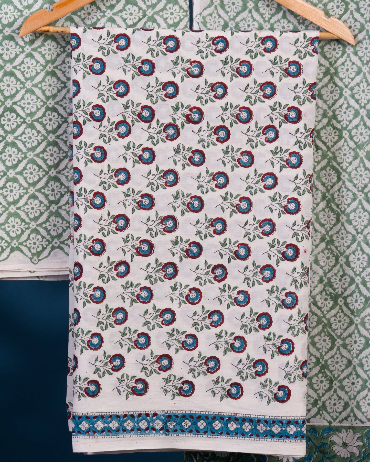 Hand Block Printed Cotton Suit with All-over Floral Buti and Malmal Dupatta