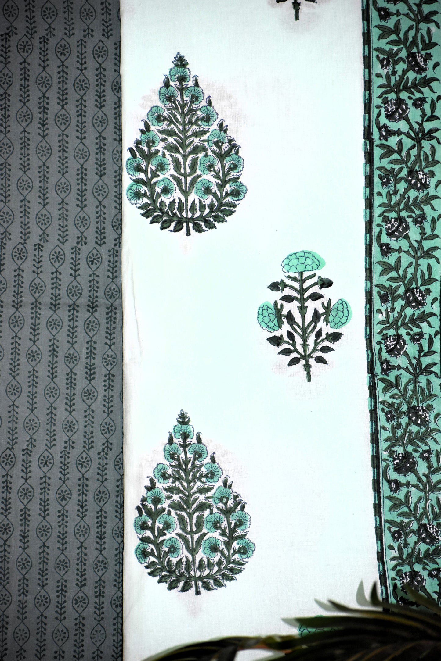 Hand Block Printed Cotton Suit with Mint Green Floral Buti and Malmal Dupatta