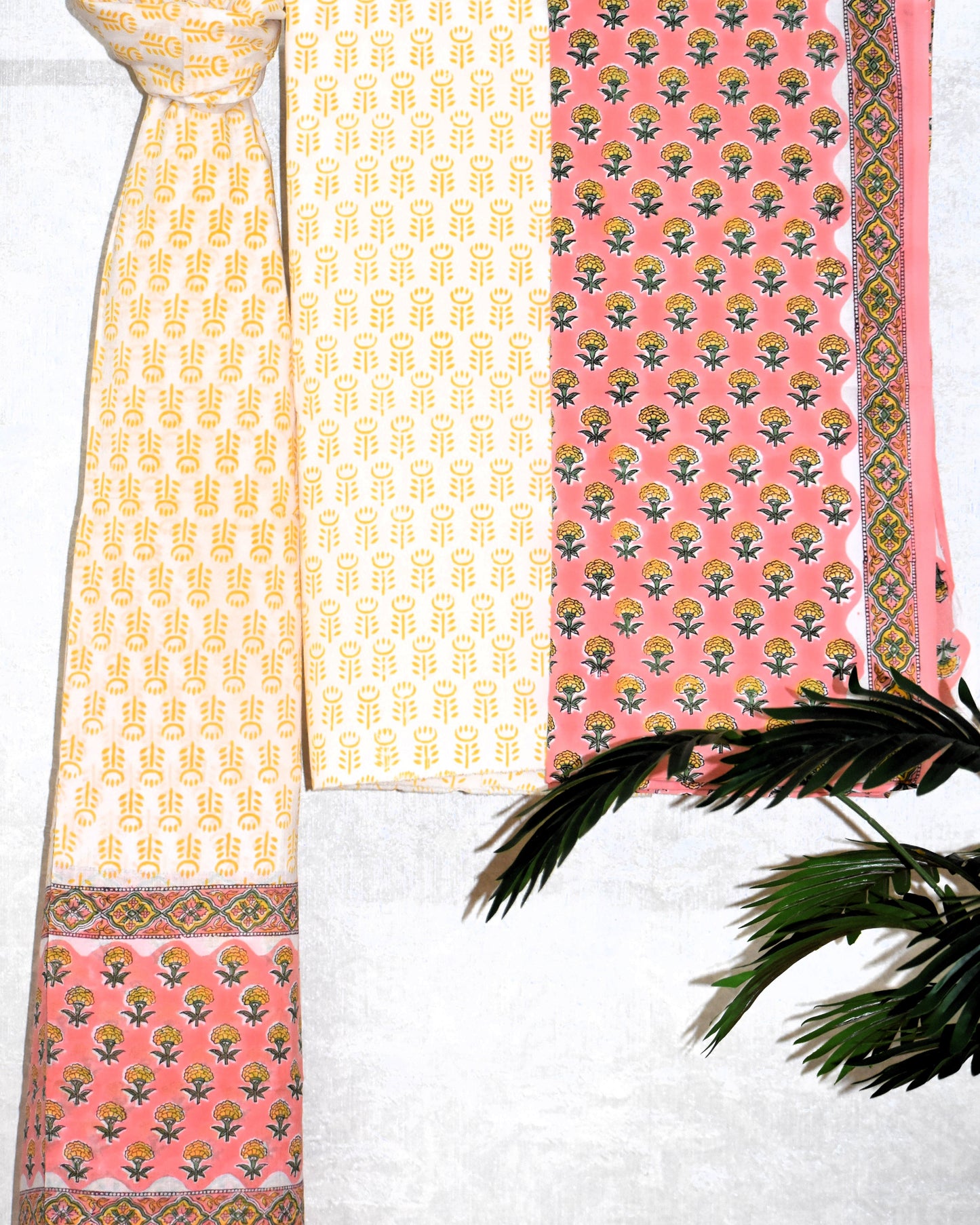 Small Floral Buti Hand Block Printed Cotton Suit With Malmal Dupatta