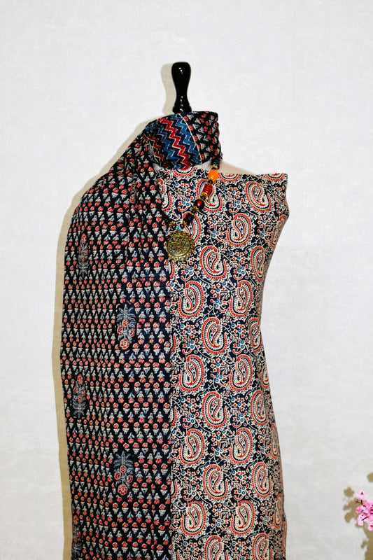 Blue Paisley Ajrak Printed Unstitched Cotton Suit Set