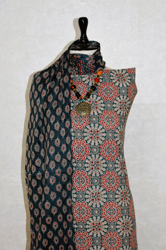 Green Surajmukhi Ajrak Printed Unstitched Cotton Suit Set