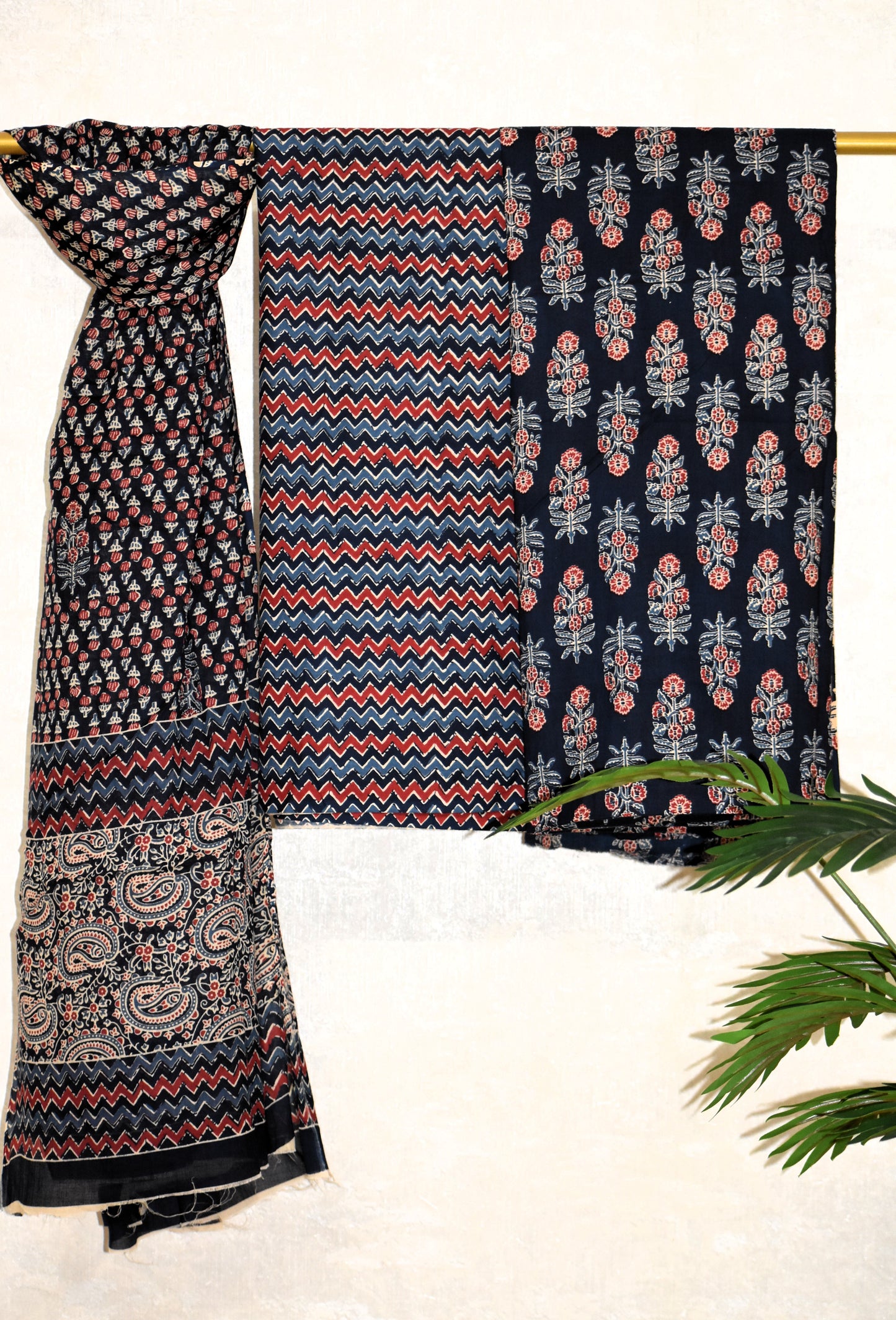 Blue Floral Ajrak Printed Unstitched Cotton Suit Set