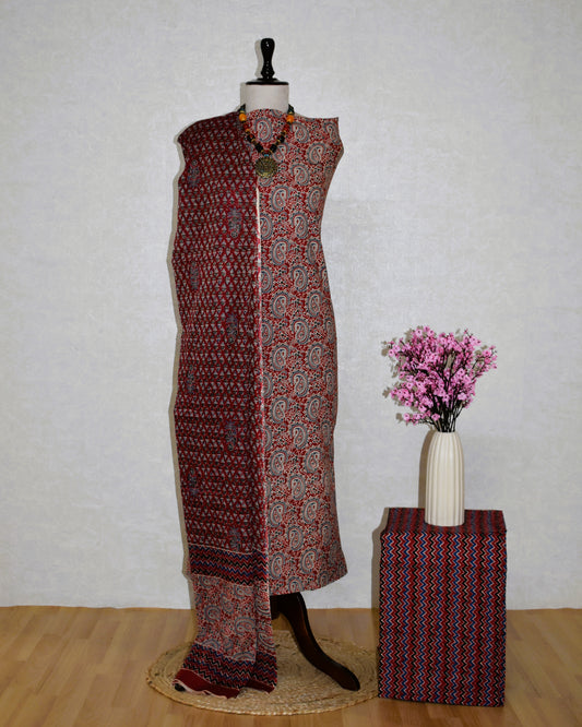 Red Paisley Ajrak Printed Unstitched Cotton Suit Set
