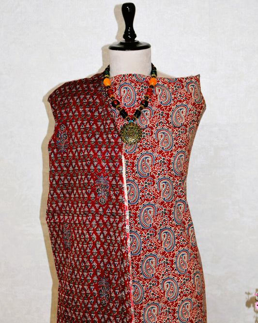 Red Paisley Ajrak Printed Unstitched Cotton Suit Set