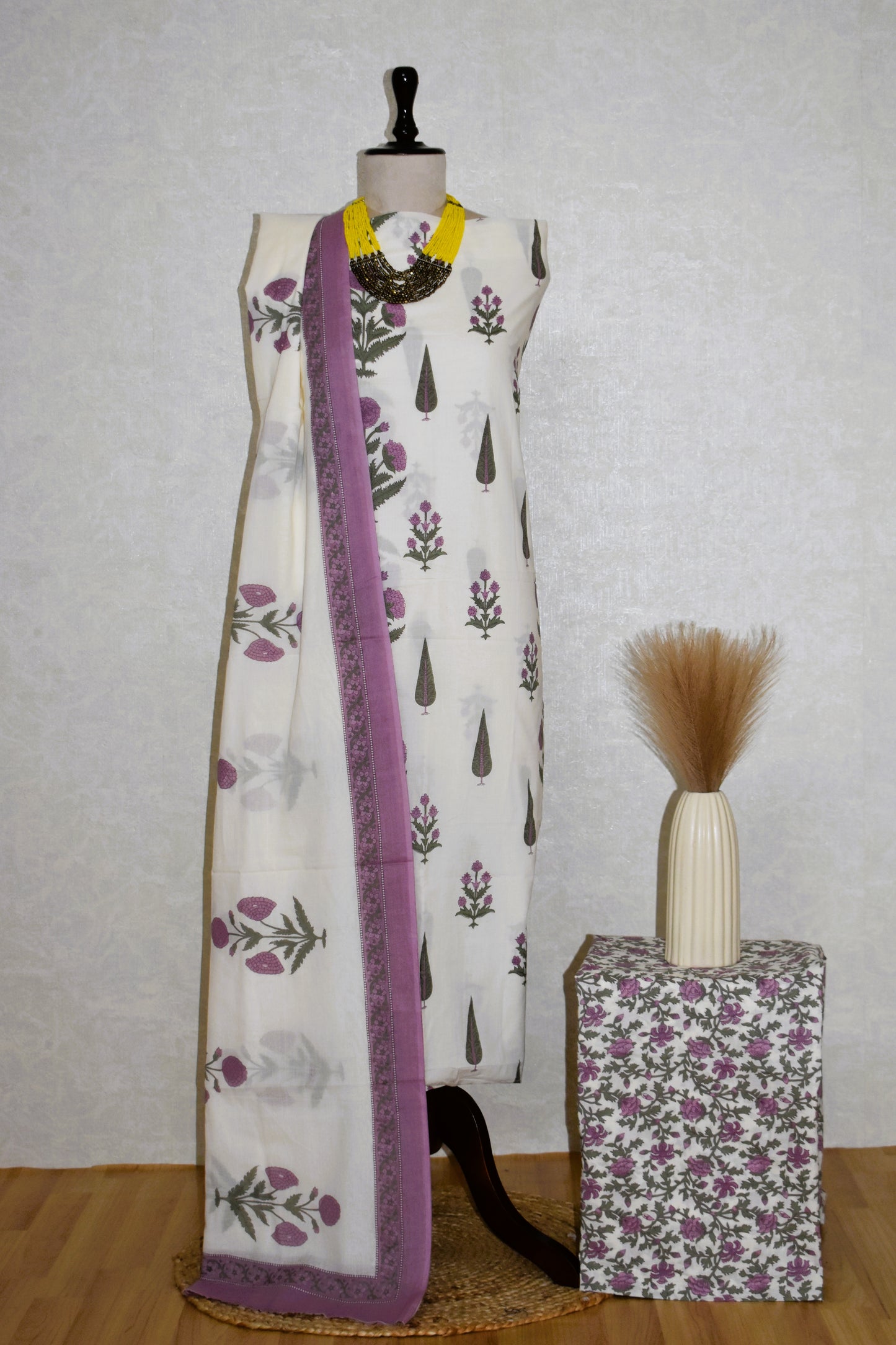 Purple Floral Jaipuri Printed Unstitched Cotton Suit Set