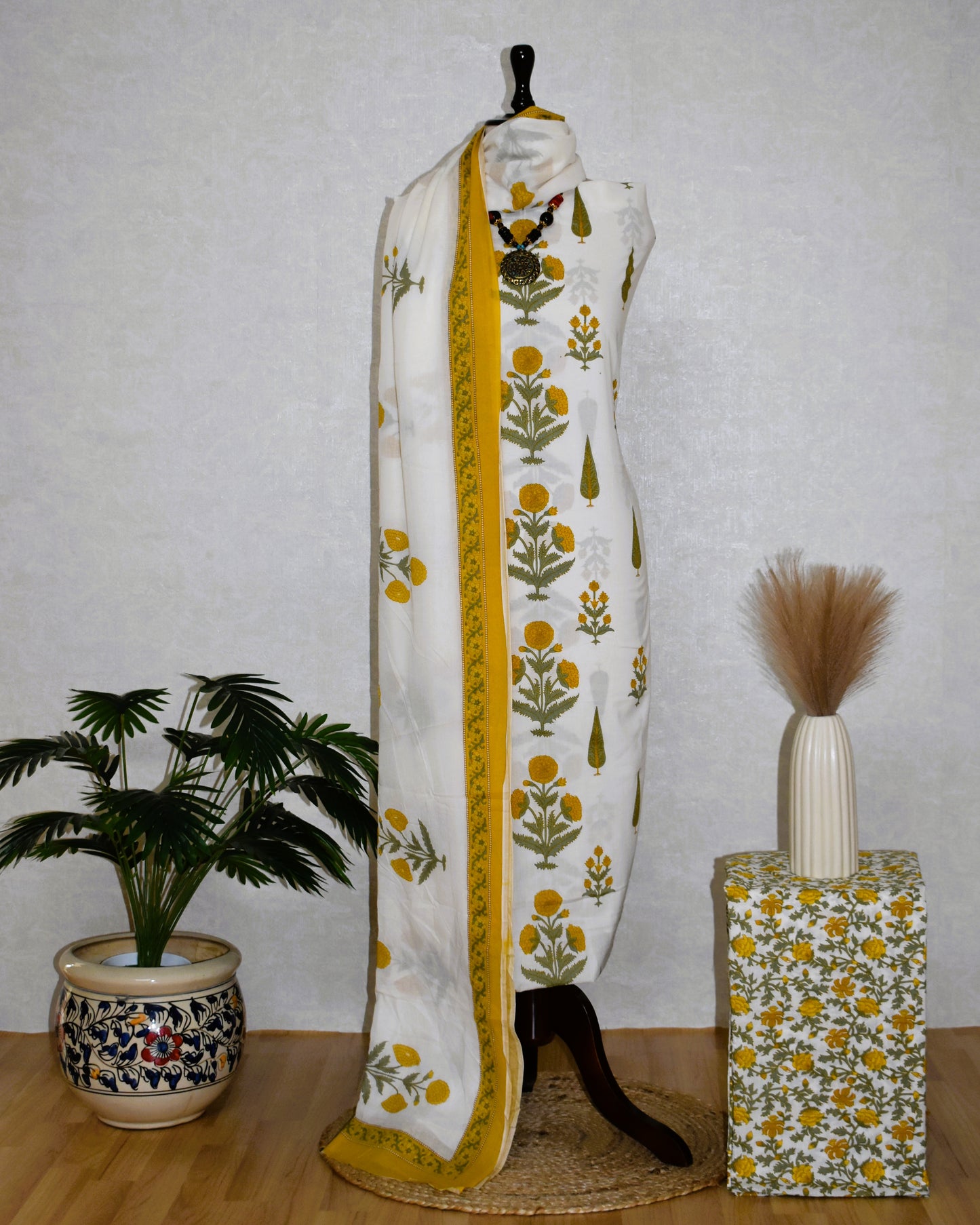 Yellow Floral Jaipuri Printed Unstitched Cotton Suit Set