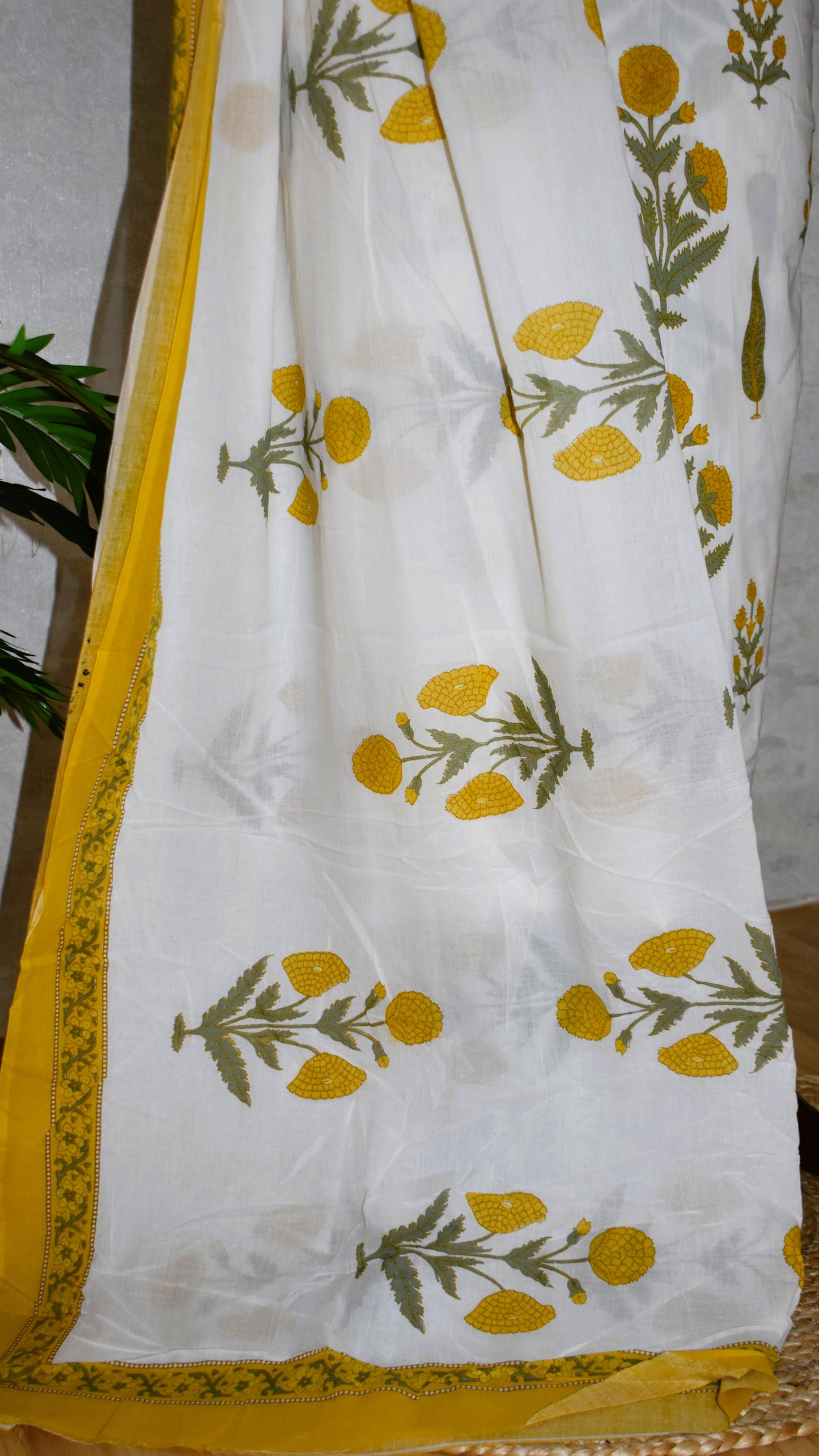 Yellow Floral Jaipuri Printed Unstitched Cotton Suit Set