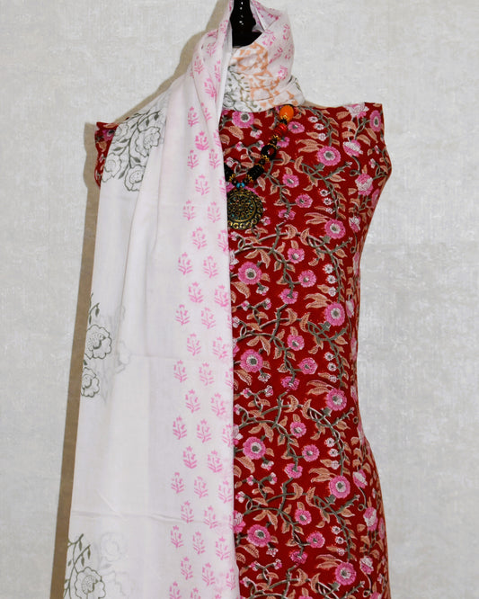 Red All-over Floral Hand Block Printed Cotton Suit with Malmal Dupatta