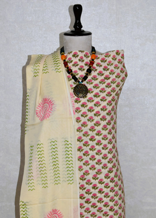 All-over Small Floral Buti Hand Block Printed Cotton Suit with Malmal Dupatta