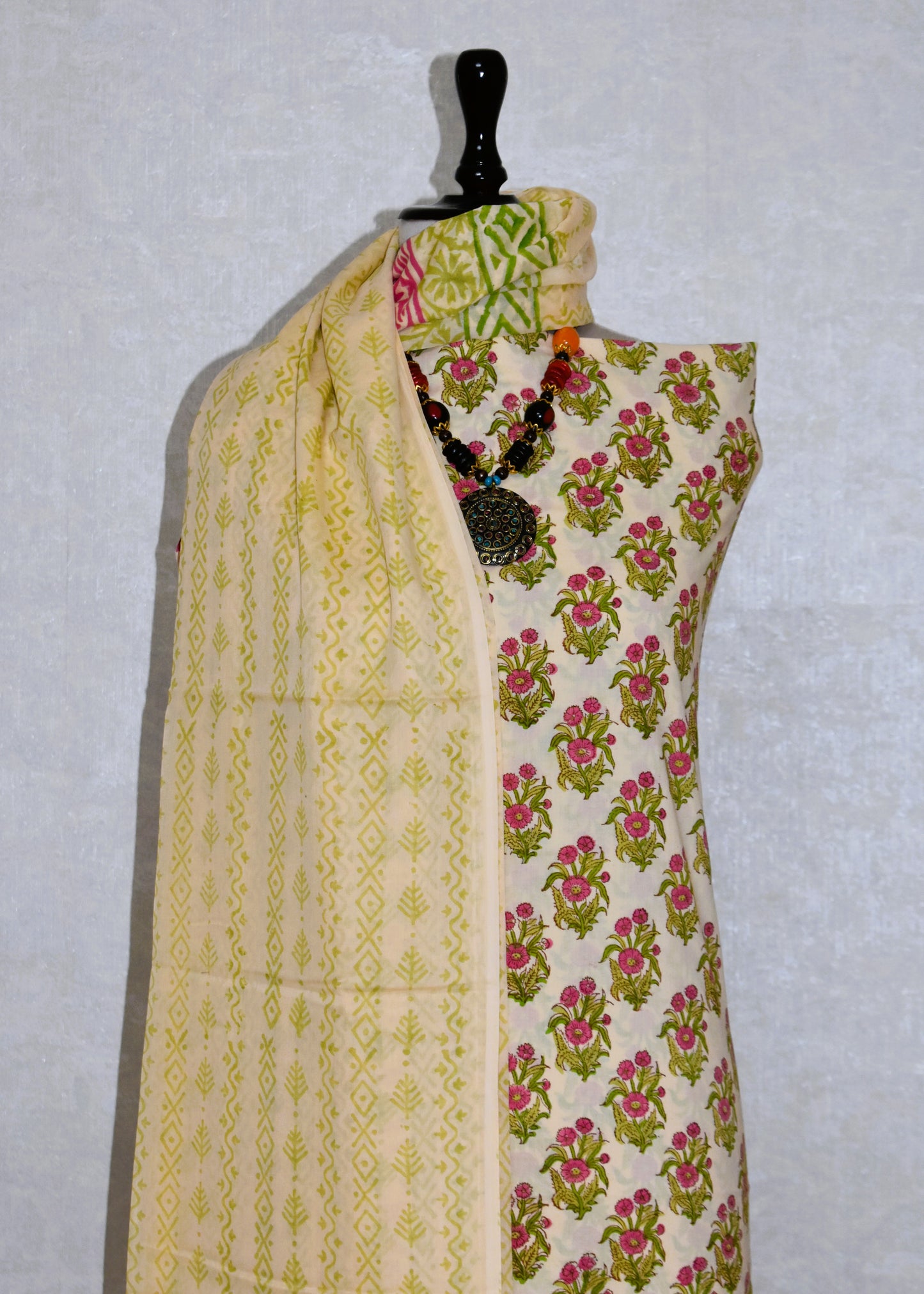Floral Buti Hand Block Printed Cotton Suit with Malmal Dupatta