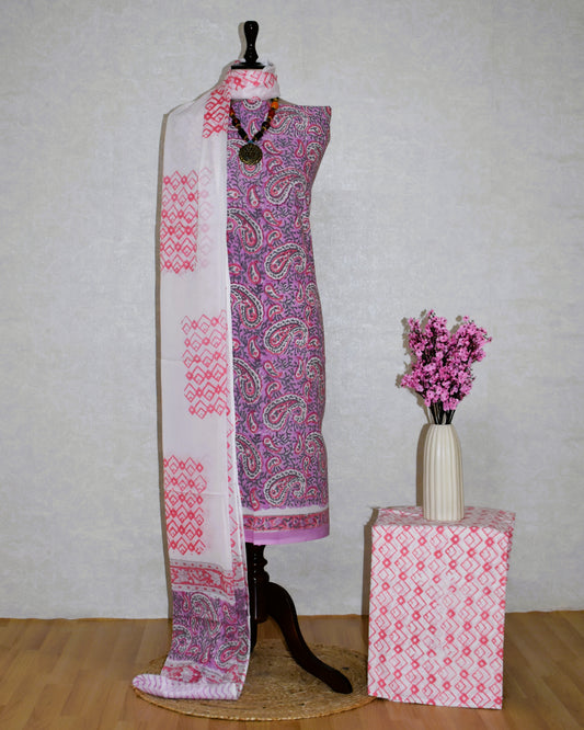 Pink All-over Paisley Design Hand Block Printed Cotton Suit with Malmal Dupatta