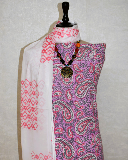 Pink All-over Paisley Design Hand Block Printed Cotton Suit with Malmal Dupatta
