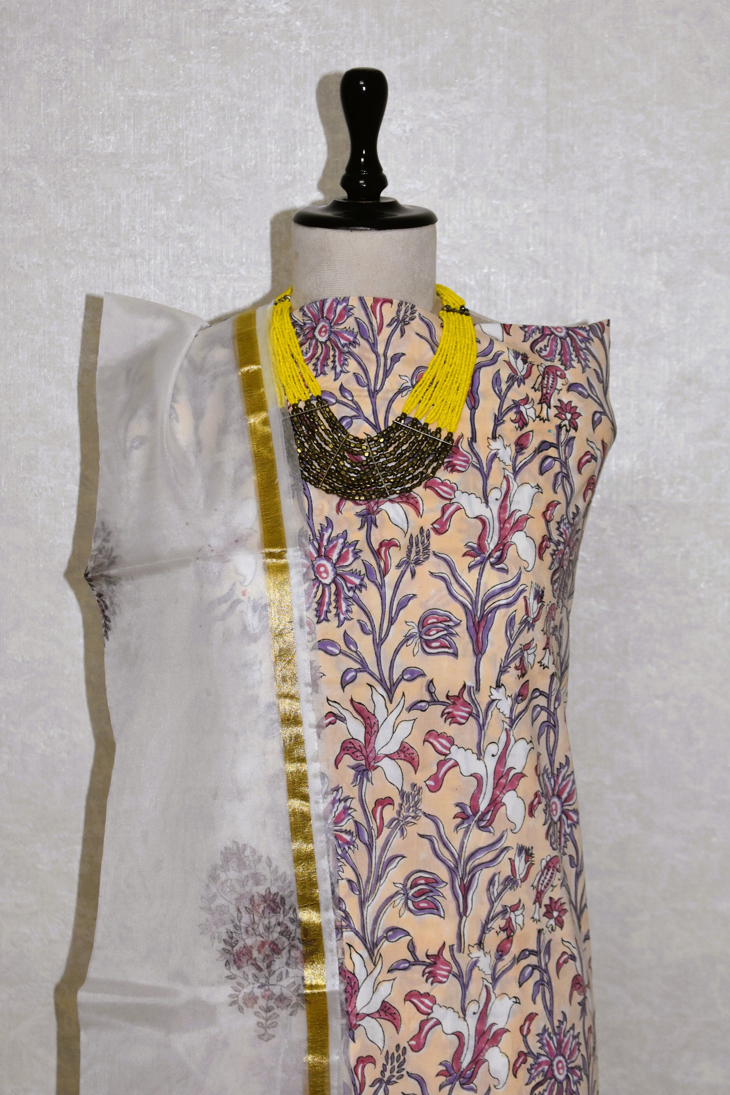 Hand Block Printed Cotton Suit with Organza Dupatta