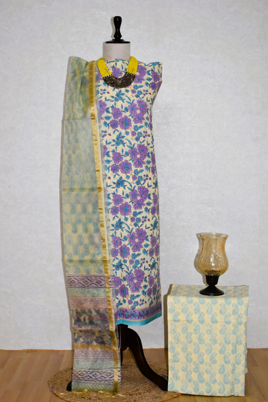 Hand Block Printed Cotton Suit with Organza Dupatta