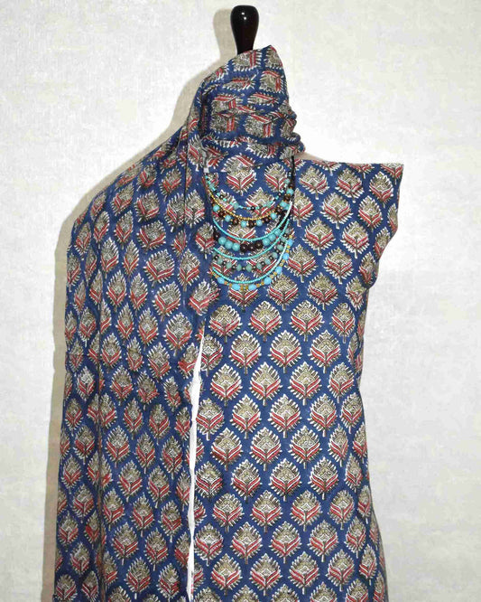 Blue Floral Intricate Buti Hand Block Printed Cotton Suit with Malmal Dupatta