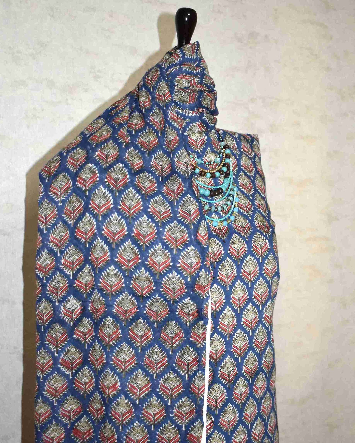 Blue Floral Intricate Buti Hand Block Printed Cotton Suit with Malmal Dupatta