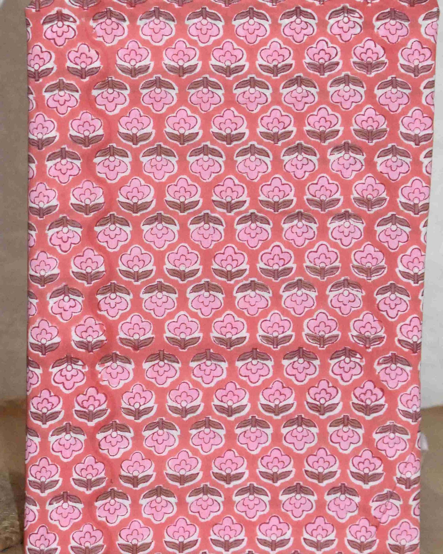 Blush Pink Floral Hand Block Printed Cotton Suit with Kota Doria Lehriya Dupatta