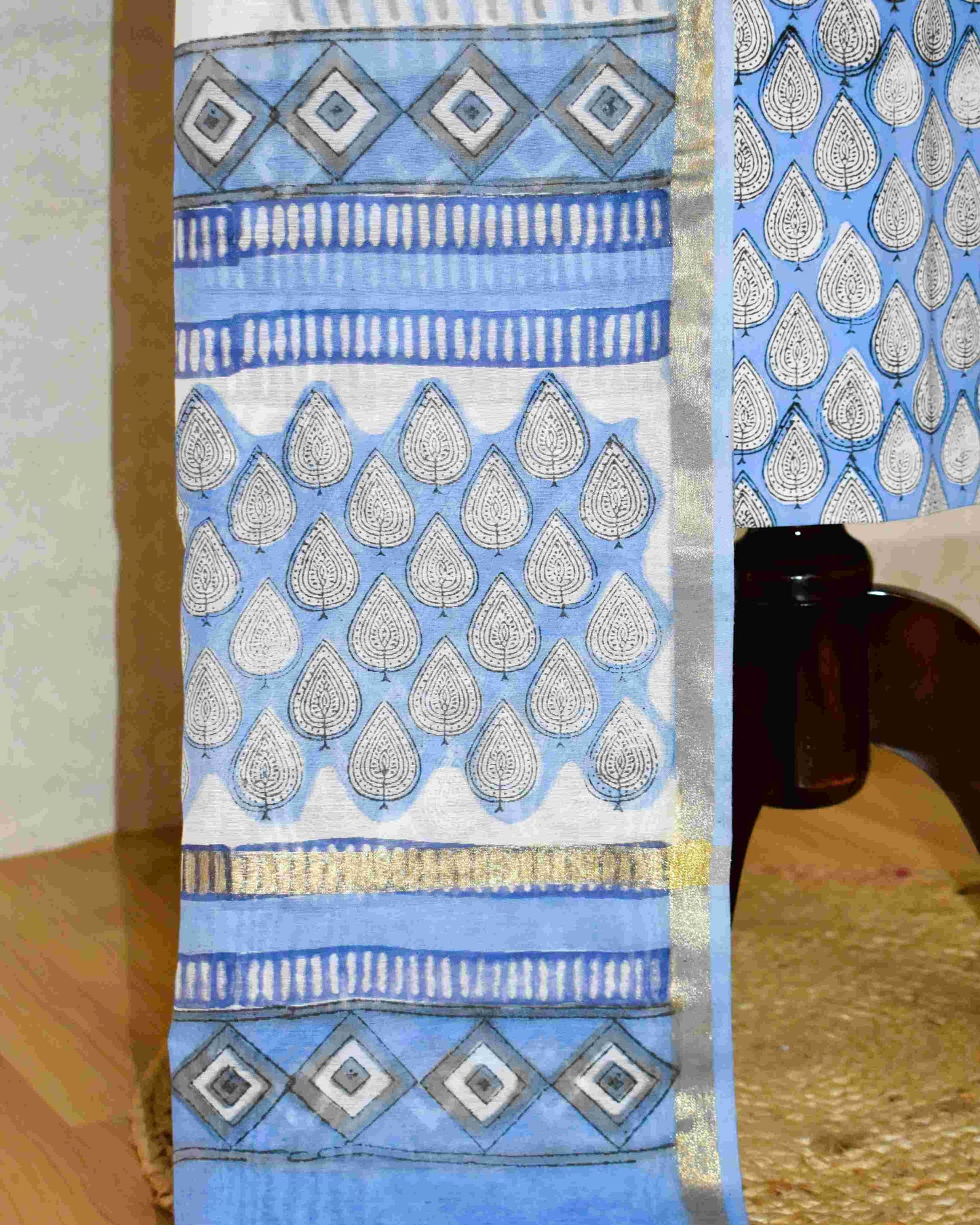 Hand Block Printed Premium Cotton Unstitched Suit with Blue All-over Buti & Chanderi Silk Dupatta - Curated Edit