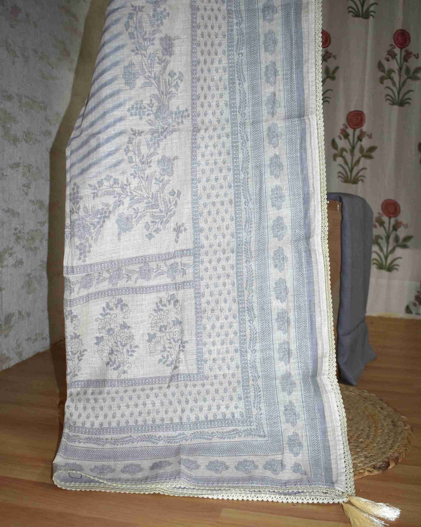 Pure Linen with stripes and Floral Buta Panel Suit Set (soft Grey)