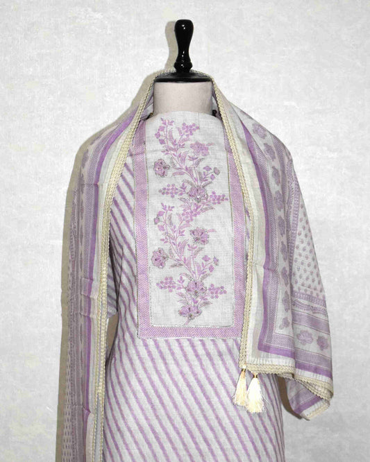 Pure Linen with stripes and Floral Buta Panel Suit Set (soft purple)