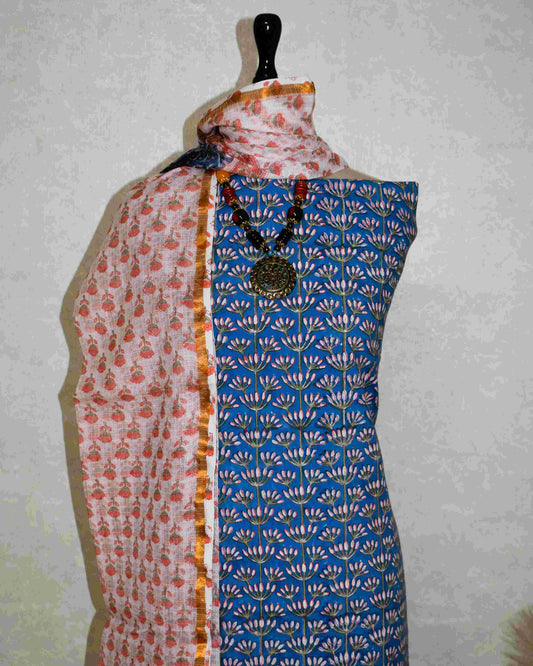 Blue Floral Trails Hand Block Printed Cotton Suit With Kota Doria Dupatta