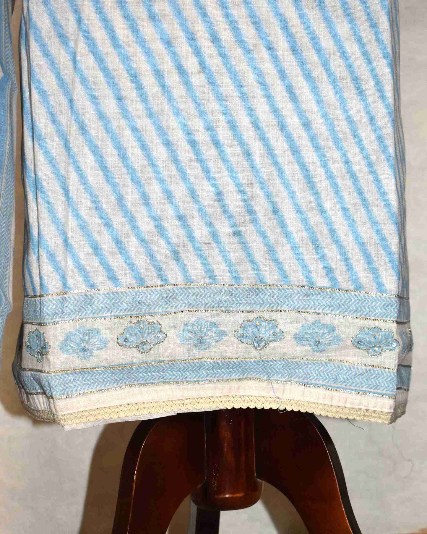 Pure Linen with stripes and Floral Buta Panel Suit Set (soft Blue)