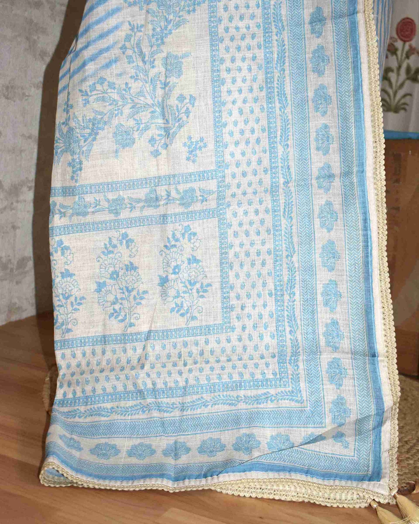 Pure Linen with stripes and Floral Buta Panel Suit Set (soft Blue)
