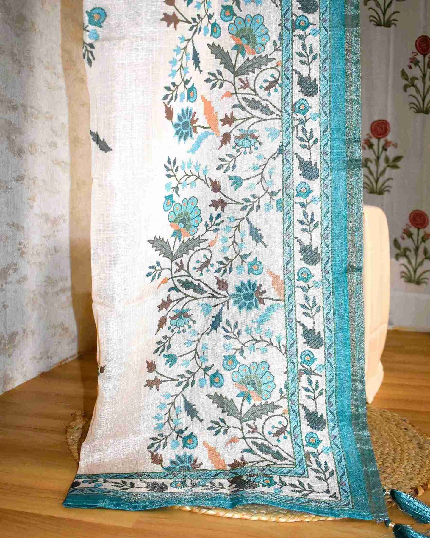 Premium Linen Floral Buta Suit Set with Printed Linen Dupatta - Aqua