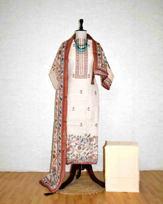 Premium Linen Floral Buta Suit Set with Printed Linen Dupatta - Terracotta