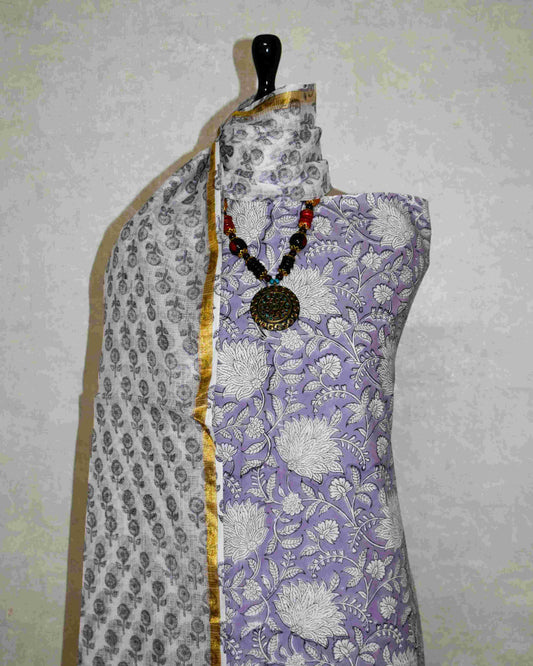 Botanical Jaal in Lavender Hand Block Printed Cotton Suit With Kota Doria Dupatta