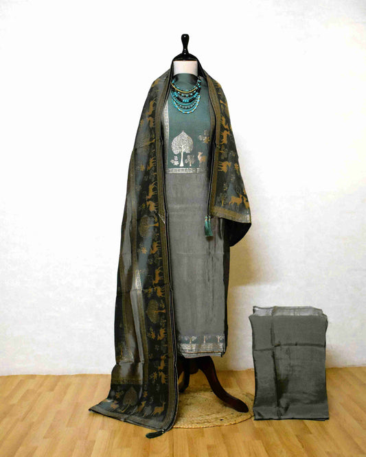 Premium Forest Green Jacquard Silk Suit Set with Woven Nature Motifs & Designer Dupatta