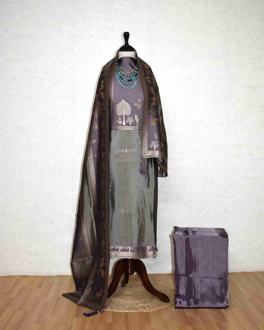 Premium Smoky Lavender Jacquard Silk Suit Set with Woven Nature Motifs & Designer Dupatta