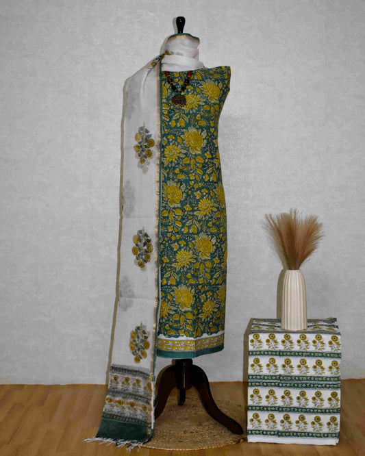 Olive Green All-over Floral Hand Block Printed Cotton Suit With Kota Doria Dupatta