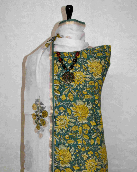 Olive Green All-over Floral Hand Block Printed Cotton Suit With Kota Doria Dupatta