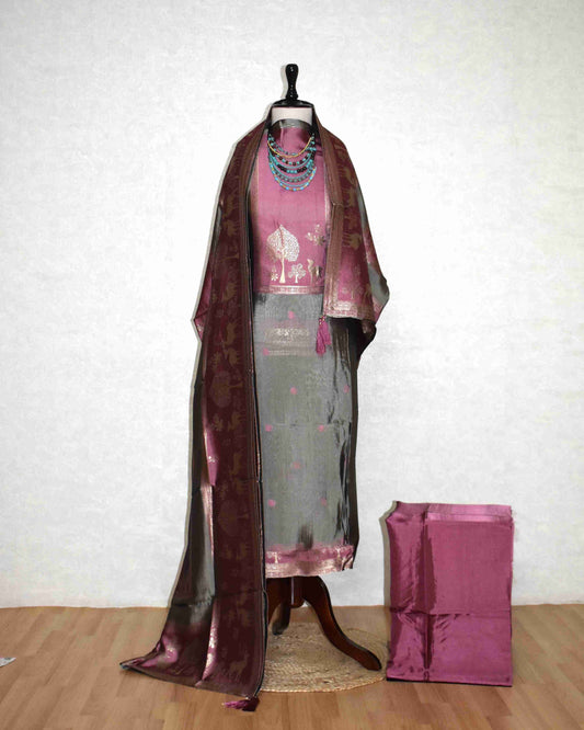 Premium Dusty Rose Jacquard Silk Suit Set with Woven Nature Motifs & Designer Dupatta