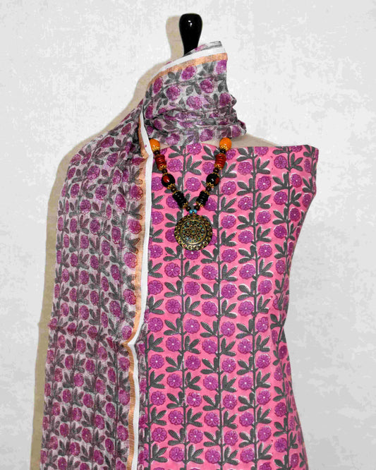 Dusty Pink Floral Trails Hand Block Printed Cotton Suit With Kota Doria Dupatta