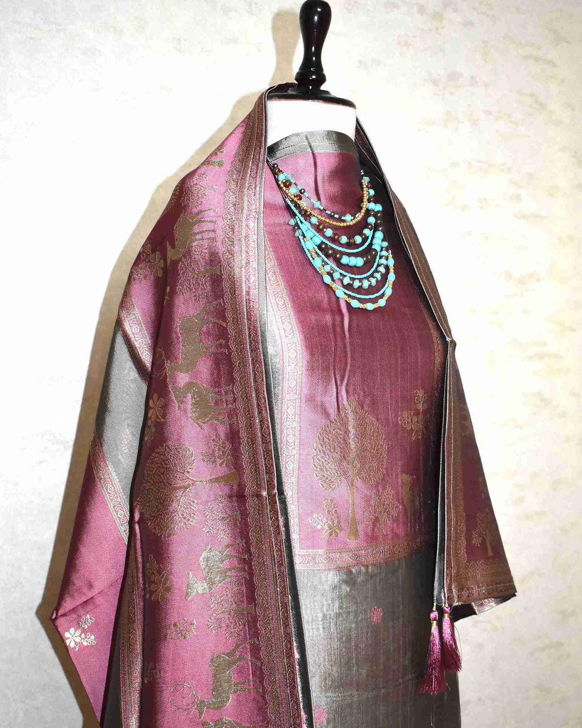 Premium Dusty Rose Jacquard Silk Suit Set with Woven Nature Motifs & Designer Dupatta