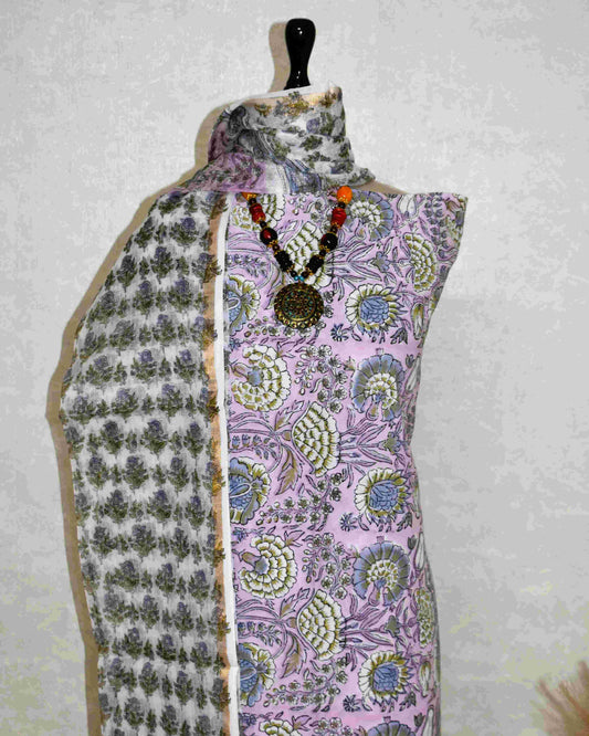 Botanical Jaal in Lavender Hand Block Printed Cotton Suit With Kota Doria Dupatta