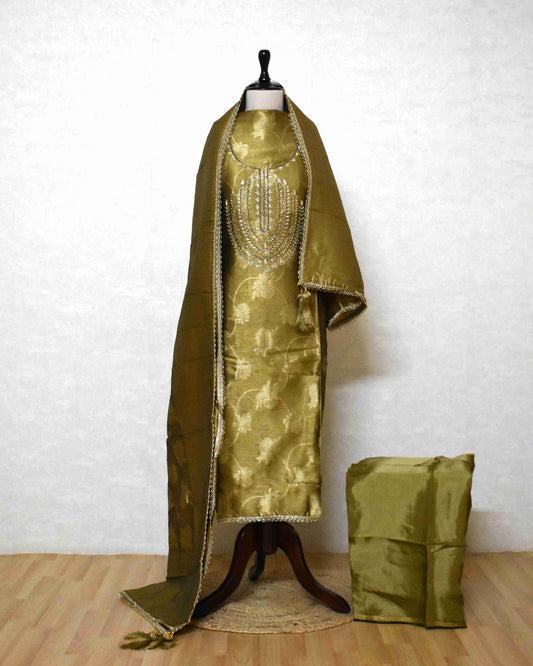 Premium Olive Gold Jacquard Silk Suit Set with Embroidered Neck & Woven Dupatta