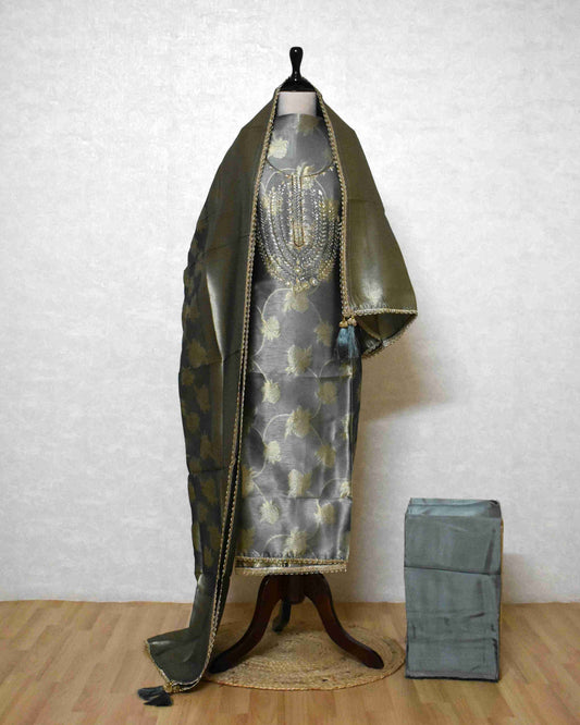 Premium Silver Grey Jacquard Silk Suit Set with Embroidered Neck & Woven Dupatta