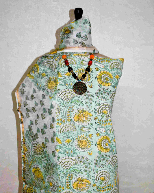 Botanical Jaal in Light Mint Green Hand Block Printed Cotton Suit With Kota Doria Dupatta