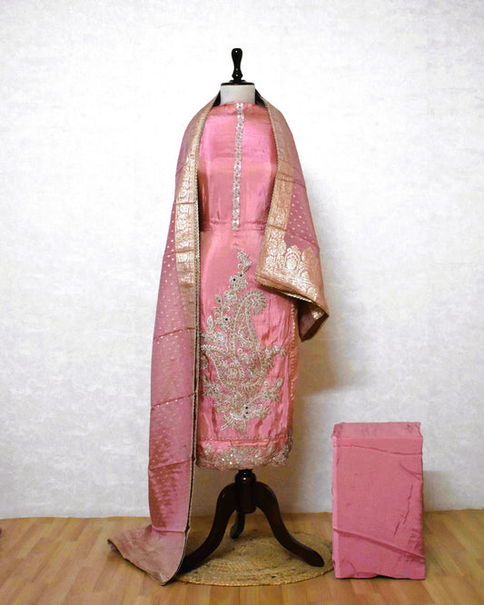 Rose Pink Designer Suit Set with Intricate Paisley Embroidery & Banarasi Dupatta