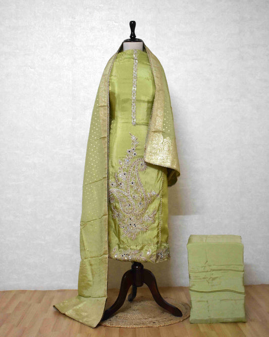 Mehendi Green Designer Suit Set with Intricate Paisley Embroidery & Banarasi Dupatta